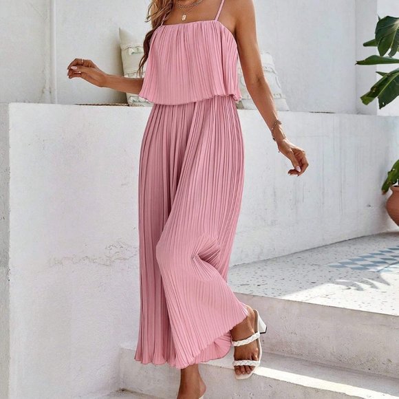 Pink Preppy Womens Solid Pleated Cami Jumpsuit - Picture 2 of 5